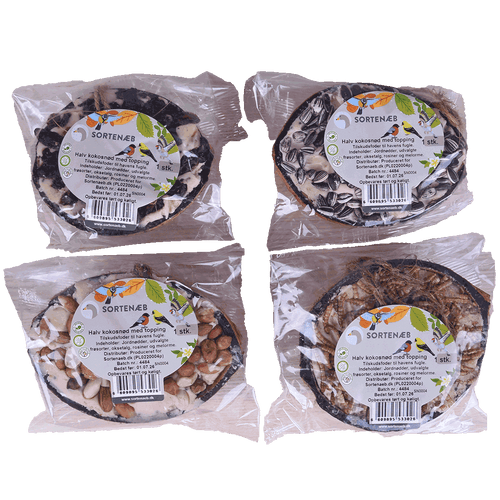 Svartnäbbad blandning av halva kokosnötter med topping (blandat) - pris per styck!